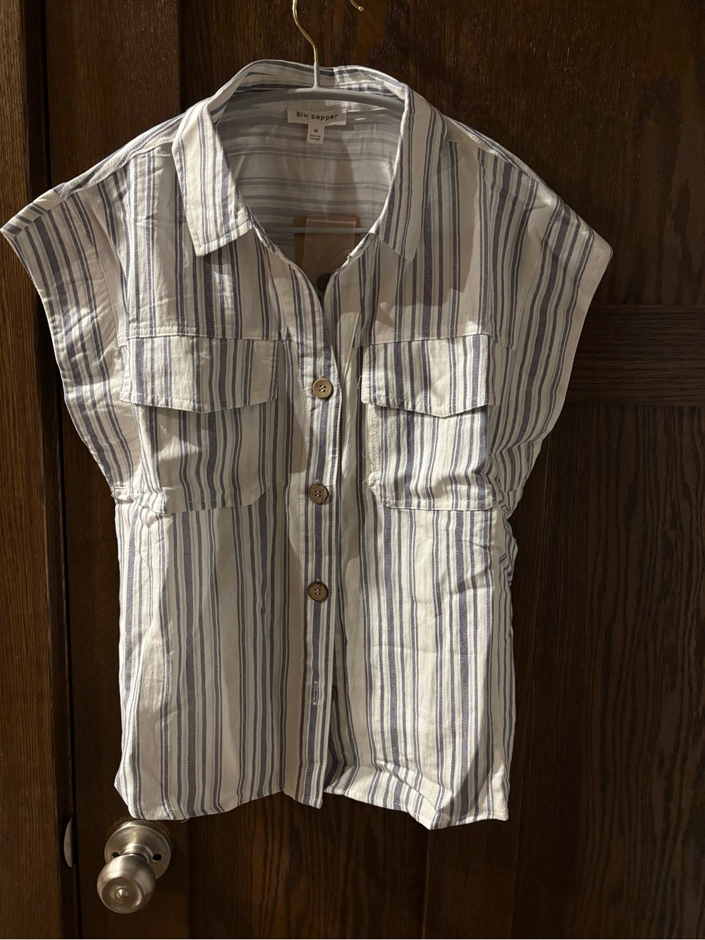 Blu Pepper White & Blue Striped Button-Front Sleeveless Collared Top. Medium.